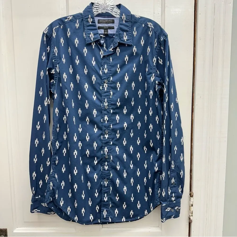 Banana Republic slim fit button down aztec navy white print‎ shirt men's small
